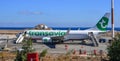 Transavia airplane docking on Santorini Island