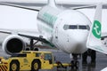 Transavia plane being towed in Innsbruck Airport, INN