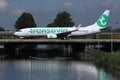 Transavia plane doing taxi on the bridge Royalty Free Stock Photo