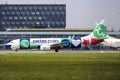 Transavia plane with Peter Pan flying club advertisement at Rotterdam The Hague Airport