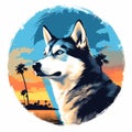 Transcendent Husky Dusk With Palm Trees - Pop Art Style Coastal Scenery