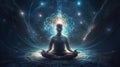 Transcendent Illumination: Man Meditating amidst Cosmic Luminescence