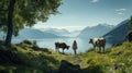 Transcendent Nature: A Woman Walking Cows In Terragen Style