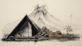 Transcendent Stone And Plywood House Next To Volcano Drawing