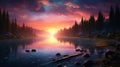 Transcendent Sunset: A Dreamlike Illustration Of A Serene Mountain River