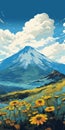 Transcendent Volcano Landscape With Yellow Flowers And Mountains