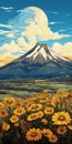 Transcendent Volcano Landscape With Yellow Flowers And Mountains