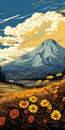 Transcendent Volcano Landscape With Yellow Flowers And Mountains