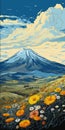 Transcendent Volcano Landscape With Yellow Flowers And Mountains