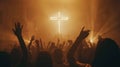 transcendent worship: believers reaching towards heaven in praise before the cross