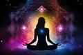 Transcendental chakras space meditation human silhouette. Generative AI Royalty Free Stock Photo