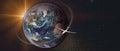 Transcontinental flight. Plane flies around the planet Earth. Starry space with copy space at the background. Flight path and sun Royalty Free Stock Photo