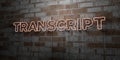 TRANSCRIPT - Glowing Neon Sign on stonework wall - 3D rendered royalty free stock illustration