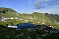 Above view of lake Balea in Fagaras mountains on a bright sunny day. Transylvania region. Royalty Free Stock Photo