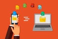 Transfer of data. File format. The hand with the phone. Send documents from your smartphone to the laptop.