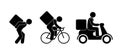 Transfer and delivery of goods, courier carries a parcel, a stick man carries a box, set of silhouettes