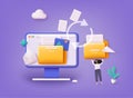 Transfer file of data between folder. Transmission of document. Backup of information on pc system. Exchange of file. 3D Vector