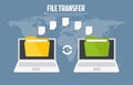 Transfer files. Backup files. Communication between two computers. Vector flat icon