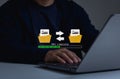 Transfer files data system relocation concept. Data transfer through cloud technology Exchange data