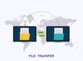 Transfer files. Laptops with folders on screen and transferred documents