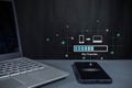Transfer files from mobile phone to laptop. Backup, Copy file and media or exchange data concept