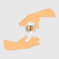 Transferring one swiss franc coin from one hand to another Royalty Free Stock Photo