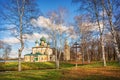 Transfiguration Cathedral with a bell tower among the trees of the park in the Kremlin of Uglich Royalty Free Stock Photo