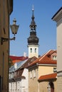 Tallinn. Estonia. The streets of the Old city. Transfiguration Cathedral spire. Royalty Free Stock Photo