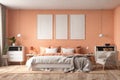 Peach Fuzz Orange wall color bedroom interior 2024 - 3D rendering