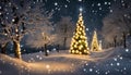 Ãrboles de navidad con adornos brillantes y estrella en la cima en un paisaje nocturno invernal, con fondo difuso y efecto bokeh