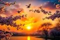 Enchanted Spring Silhouettes Captivating Desktop Backgrounds Featuring Sunsets Flowers Trees and Birds for a Tranquil Royalty Free Stock Photo