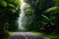 The landscape of a forest with trees, and stones, a highway road in the mountains with a clear sky HD 4k wallpaper