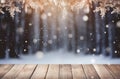 Frosty Wonderland: A Stunning Snowy Background with a Rustic Wooden Floor