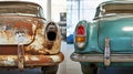 Transformation of a classic car from rusty relic to shiny restored beauty in a workshop setting. Generative AI