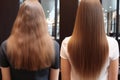 Transformation Of Healthy Hair With Keratin Straightening Treatment Before And After