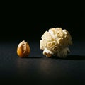 Transformation: Popcorn Kernel Next to a Fully Popped Popcorn Piece on a Dark Background AI-GENERATED Royalty Free Stock Photo