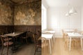 Before and after transformation of a rustic cafe to a modern minimalist design. concept of renovation, interior decor, style Royalty Free Stock Photo