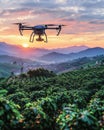 A transformed agricultural scene where robot farmers leverage automated systems, drones, and AI to revolutionize farming