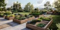 Transformed Countryside Garden with Elevated Wooden Planters Cultivating Herbs, Spices, Vegetables,