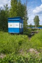 Transformer cabinet, outdoor electrical control unit on the territory of a woodworking plant Royalty Free Stock Photo