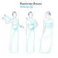 Transformer dresses women clothes and accessories, hand drawn instruction how to wear a universal dress