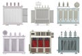 Transformer electric vector installation on white background . Isolated cartoon set icon energy substation. Vector Royalty Free Stock Photo
