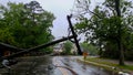 transformer on a pole and a tree laying across power lines over a road after Hurricane moved across Royalty Free Stock Photo