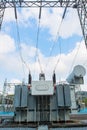 Transformer station and the high voltage electric pole Royalty Free Stock Photo