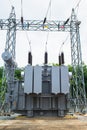 Transformer station and the high voltage electric pole Royalty Free Stock Photo