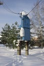 Transformer substation on outskirts of village, winter time has come Royalty Free Stock Photo