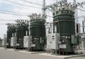 These transformers reduce high voltages from transmission lines for distribution Royalty Free Stock Photo