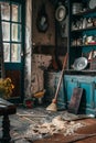 Transforming an unkempt, dirty room into a pristine space, the process of washing, brushing, and cleaning captured in warm light