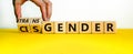 Transgender or cisgender symbol. Male hand flips wooden cubes and changes word `cisgender` to `transgender`. Beautiful yellow