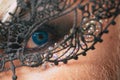 Transgender man wear lace mask. BDSM fashion accessory. Fetish fashion. Heterosexual man with male makeup. Glamorous